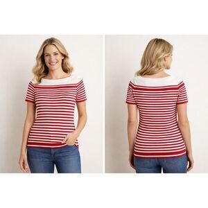 Talbots XL Red White Striped Short Sleeve Sweater Cotton Stretch Boat Neck